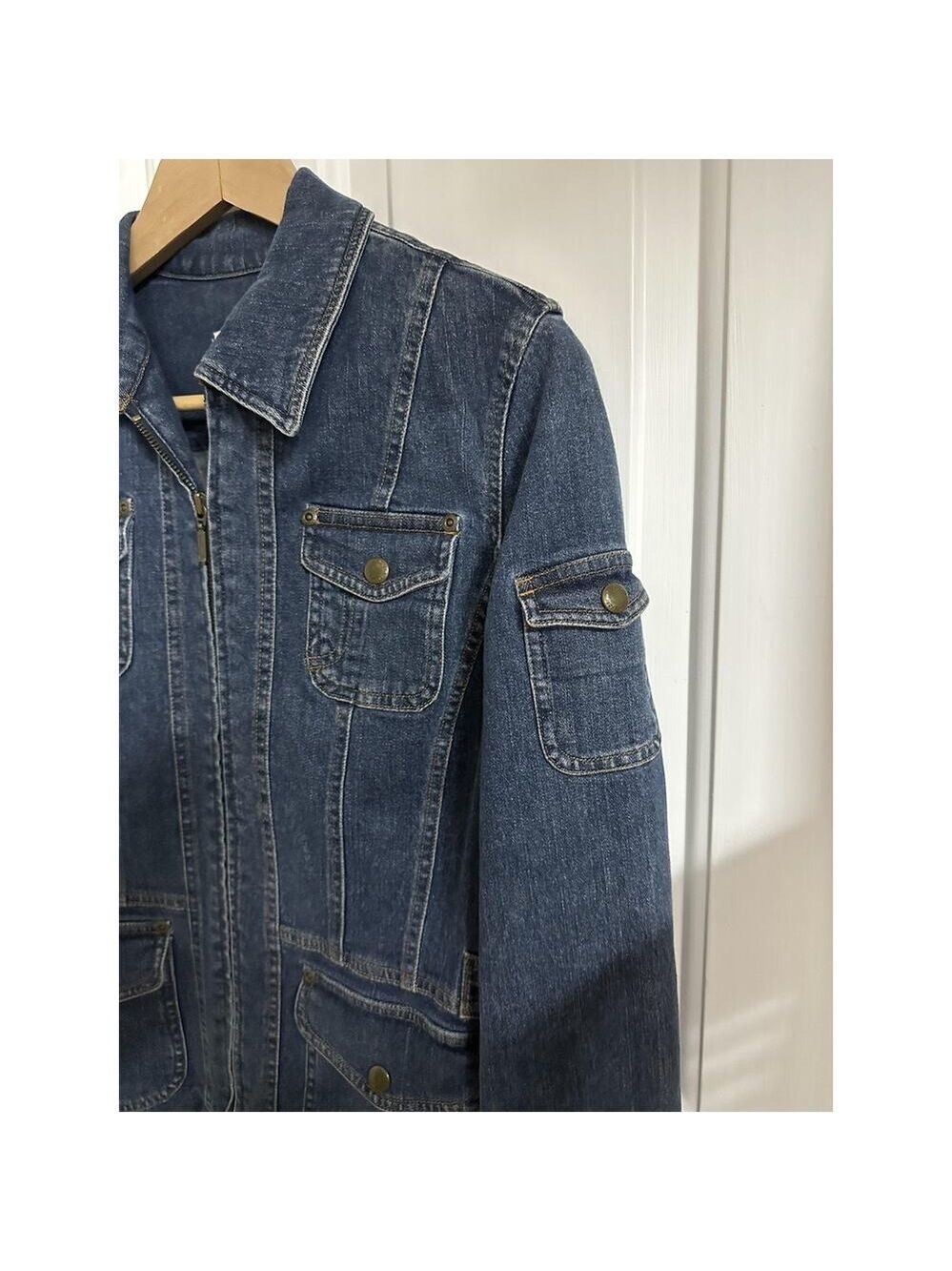 Jones New York Jacket vintage Womens S Denim Military Utility Full Zip Pockets - Picture 4 of 9